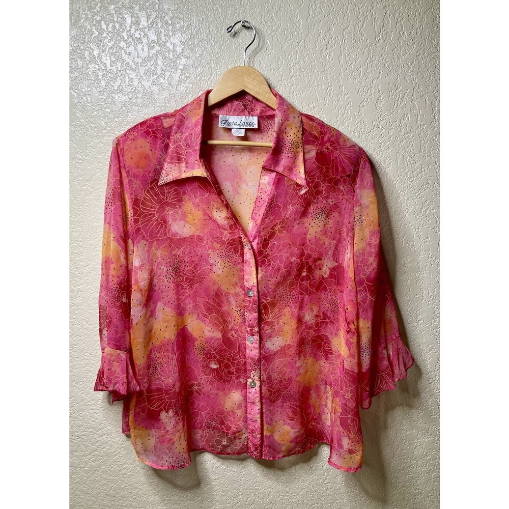 Gloria Lance Sheer Blouse Womens 3X Chiffon Pink Sparkly 3/4 Sleeve Button